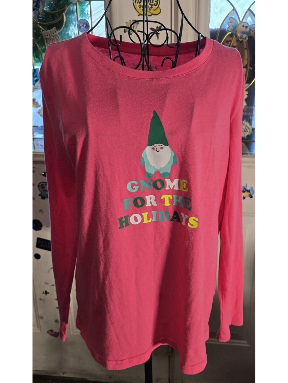 JAMMIES FOR FAMILIES Womens Med Pink Gnome For The Holidays Pajama Top